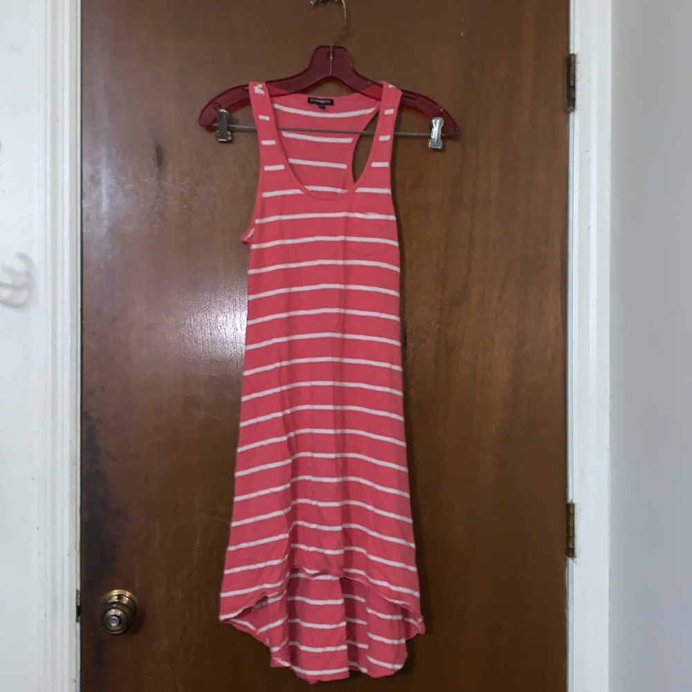 Express Womens Tank Dress small Coral White Striped Racerback Hi-Low Beachy